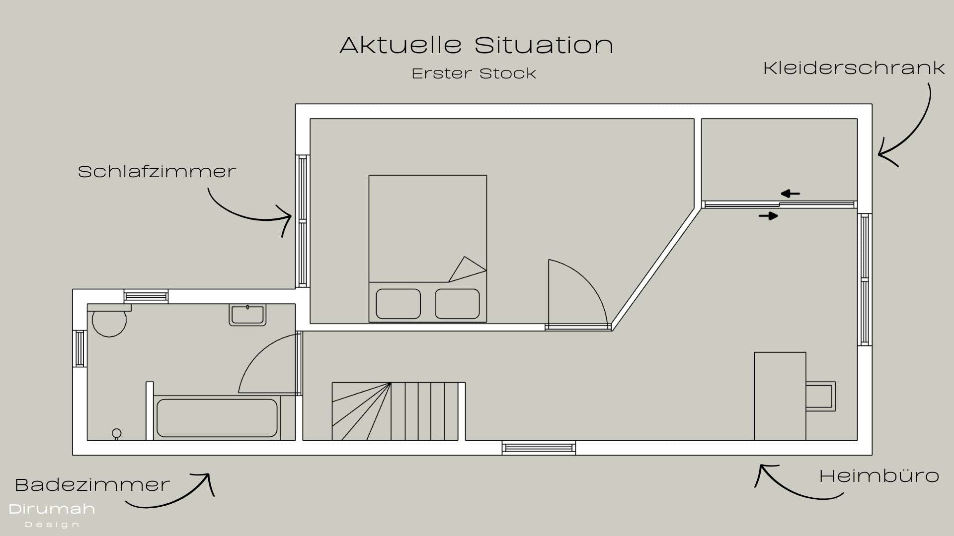 Neugestaltung des ersten Stockwerks eines Wohnhauses. 2D-Grundriss der alten Situation des ersten Stocks vor der Neugestaltung des Hauses.
