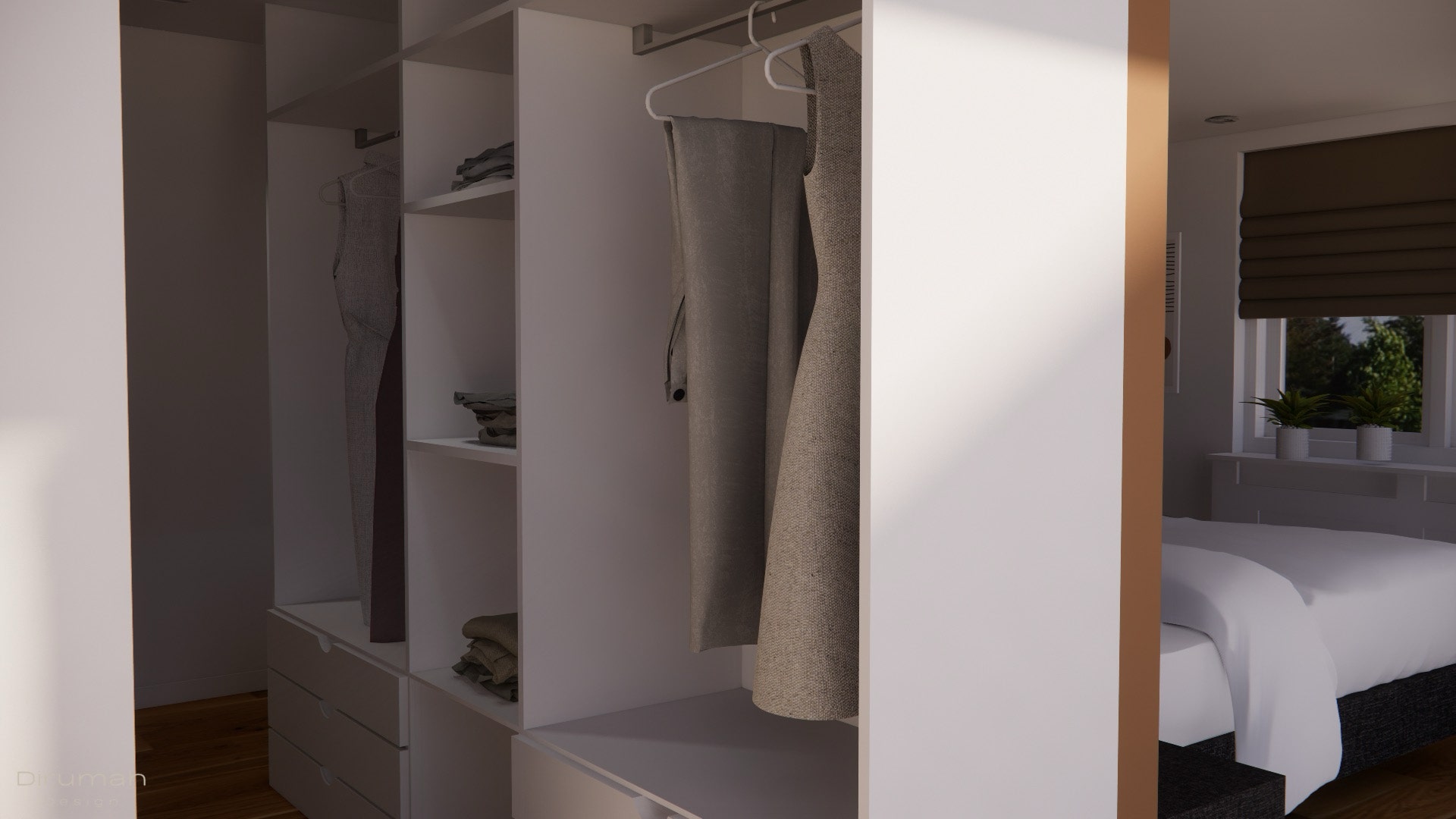 3D render van de op maat gemaakte inloop kledingkast naast de deur naar de slaapkamer.