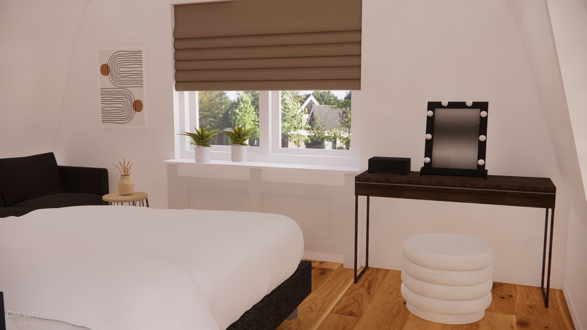 3D render van het zicht bij binnenkomst van de slaapkamer met bed en kaptafel.