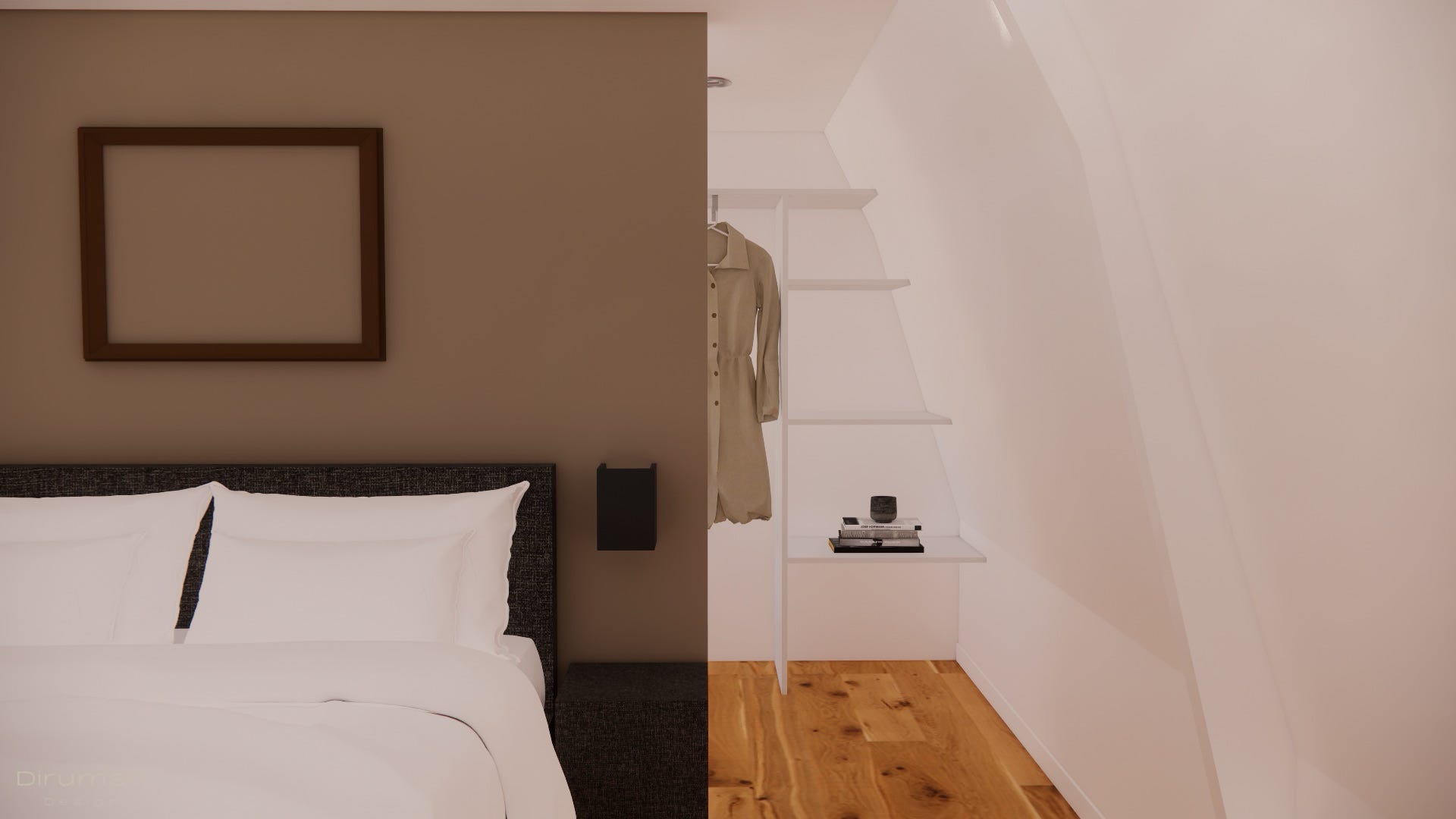3D render van de slaapkamer met zicht op de kast achter de achterwand bij het bed.