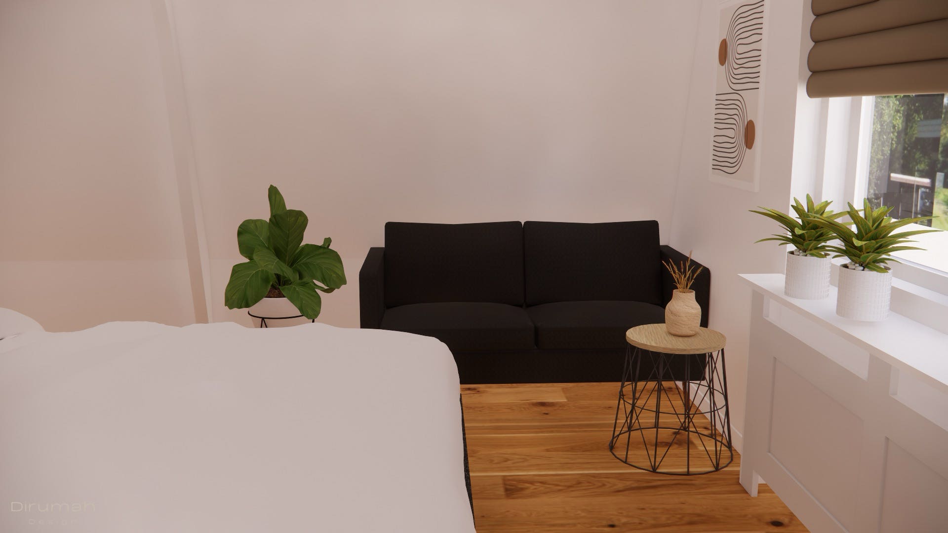 3D render van zithoek in slaapkamer.