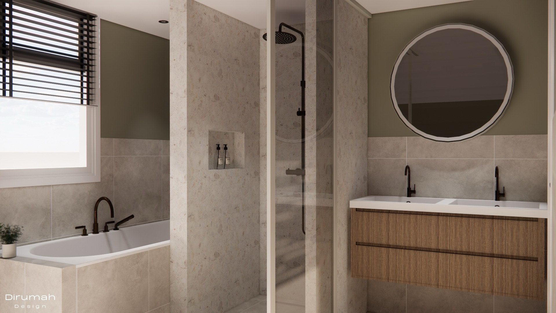 3D render van een badkamer met zicht op de wastafel en schuifdeur naar de douche en het ligbad.