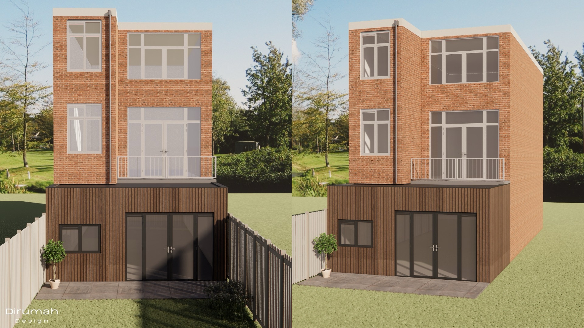 3D render van de hele woning met de aanbouw om een idee van het geheel te krijgen.