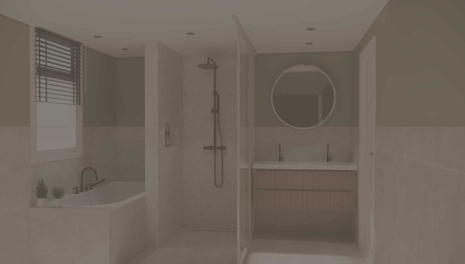 Het ontwerp van een badkamer met een ligbad, douche en dubbele wastafel.