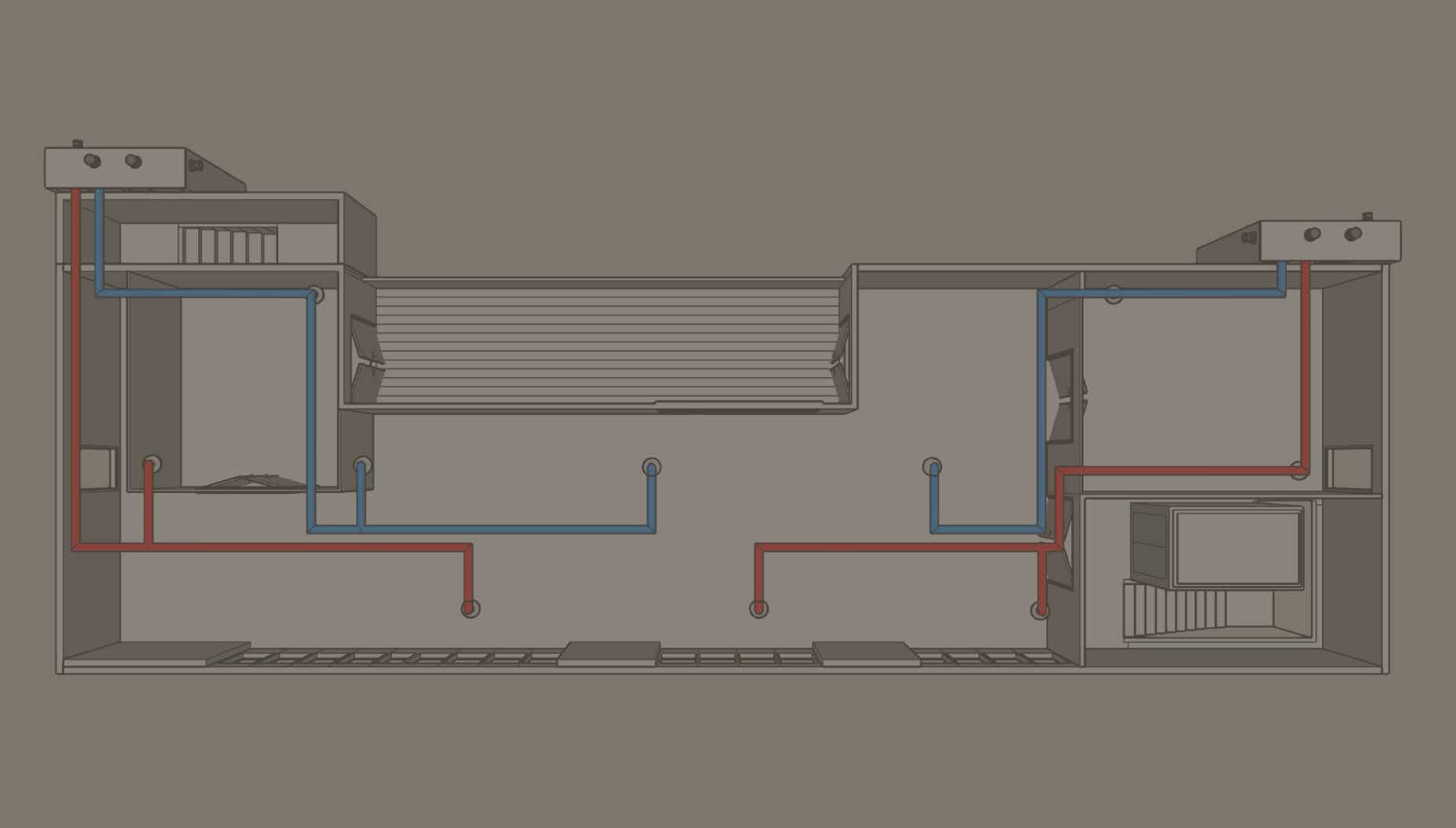Ontwerp en tekeningen van een warmte terug win installatie in een kantoor.
