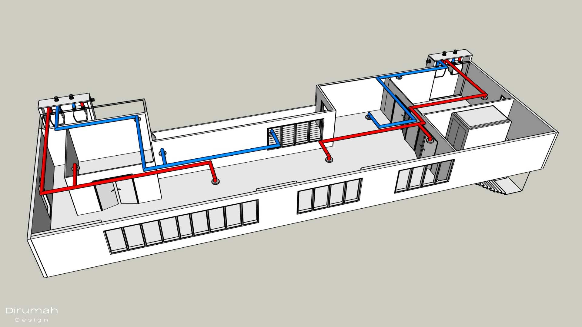 3D vooraanzicht van de warmte-terug-win unit in een bedrijfspand.