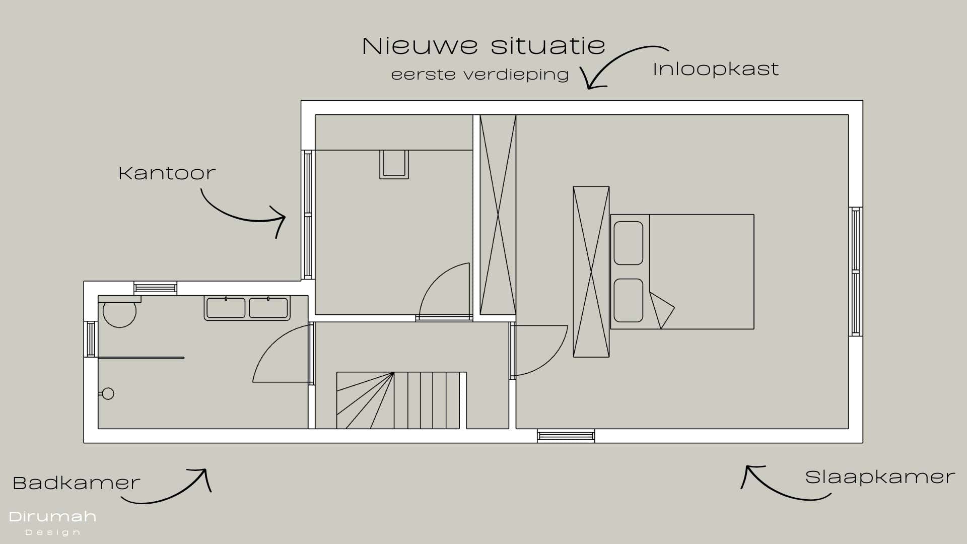 2D vloerplan van de nieuwe situatie van de eerste verdieping met slaapkamer, inloopkast, kantoor en badkamer.