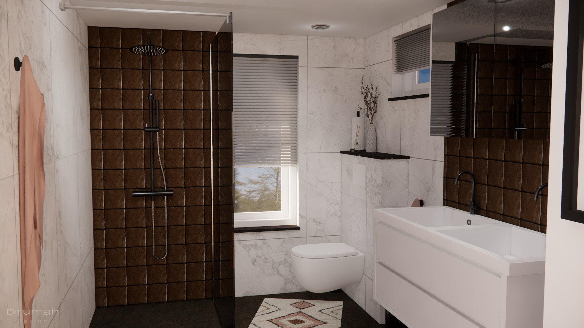 3D render van de badkamer met inloop douche, dubbele wastafel en toilet.