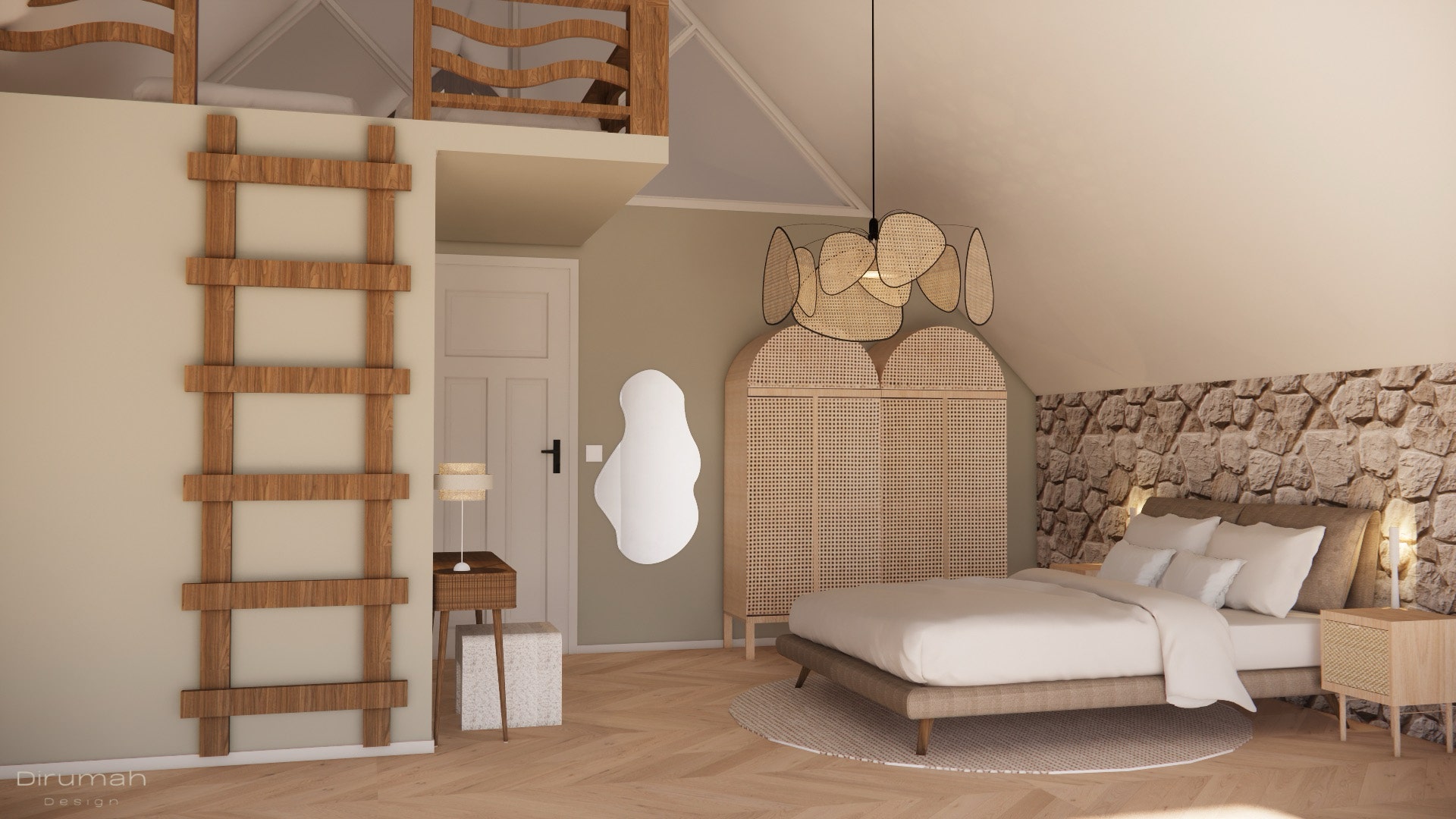3D render van het ontwerp en inrichting van een vakantiewoning met hier een blik in de slaapkamer met bovenin een loft met bed voor de kinderen