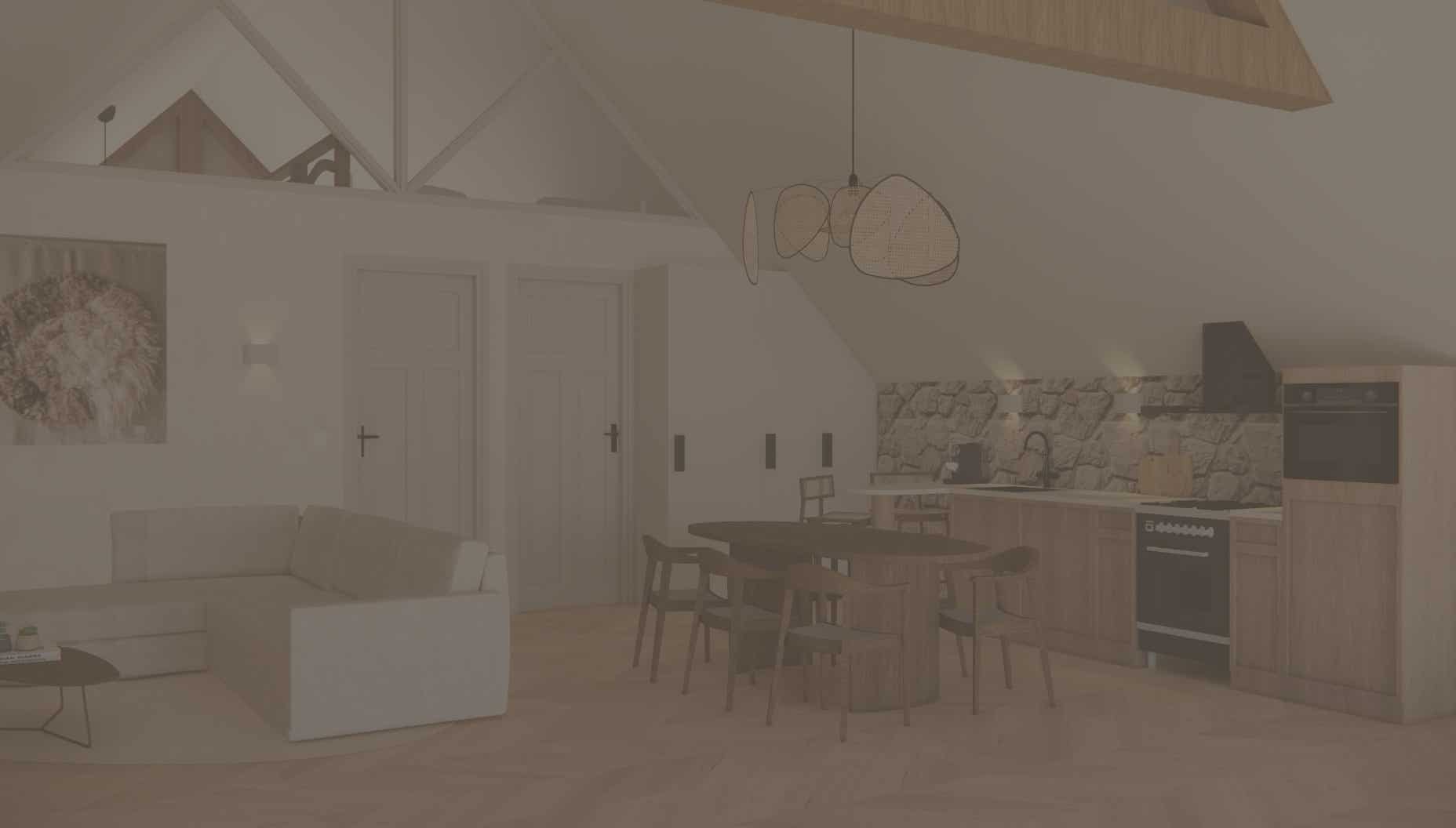 Compleet ontwerp van de woonkamer, slaapkamer en badkamer van een vakantie huis met een loft in de slaapkamer.