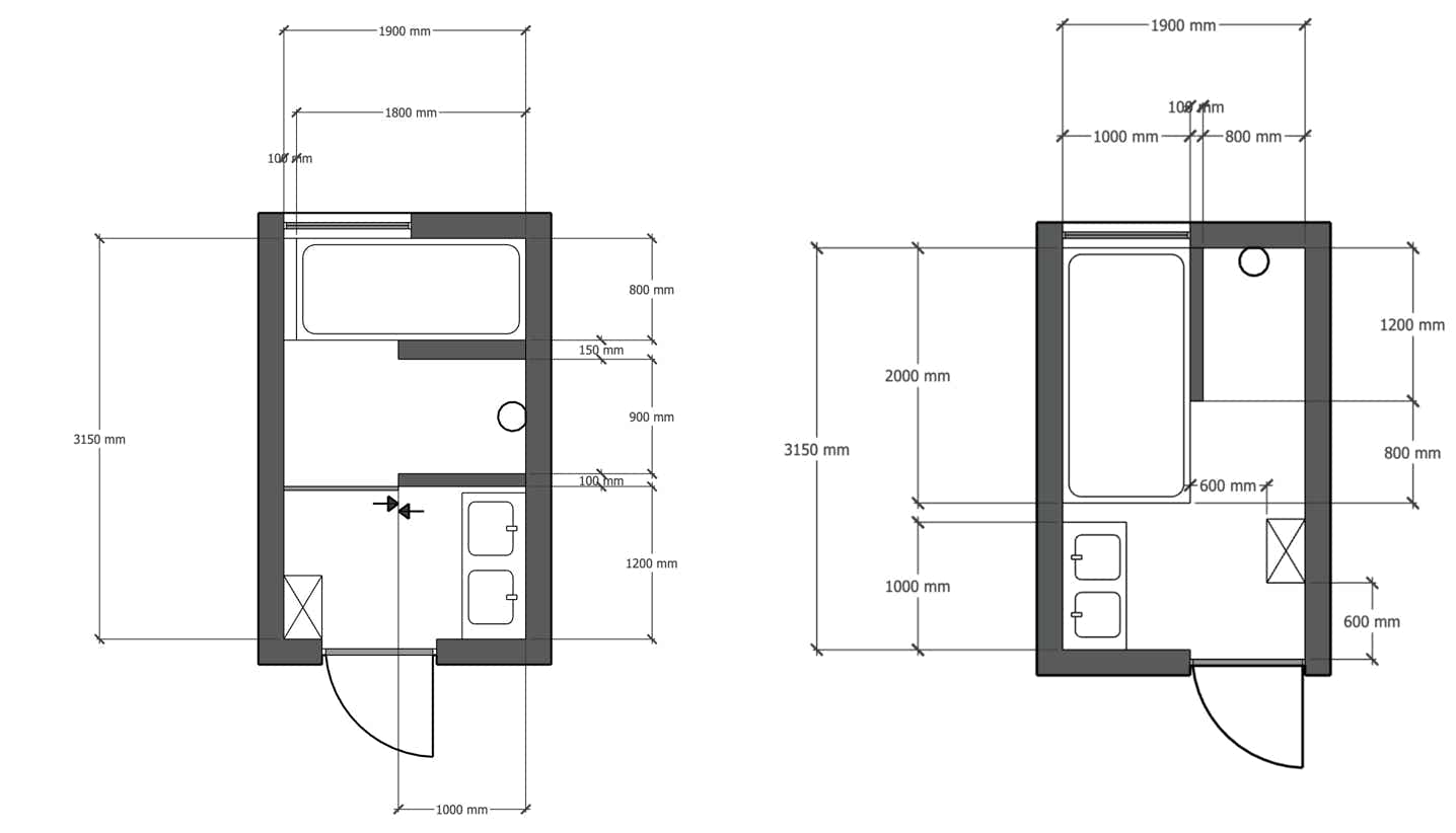 Two concept drawings of a bathroom design, helping the customer to make a decision using advantages and disadvantages per design.