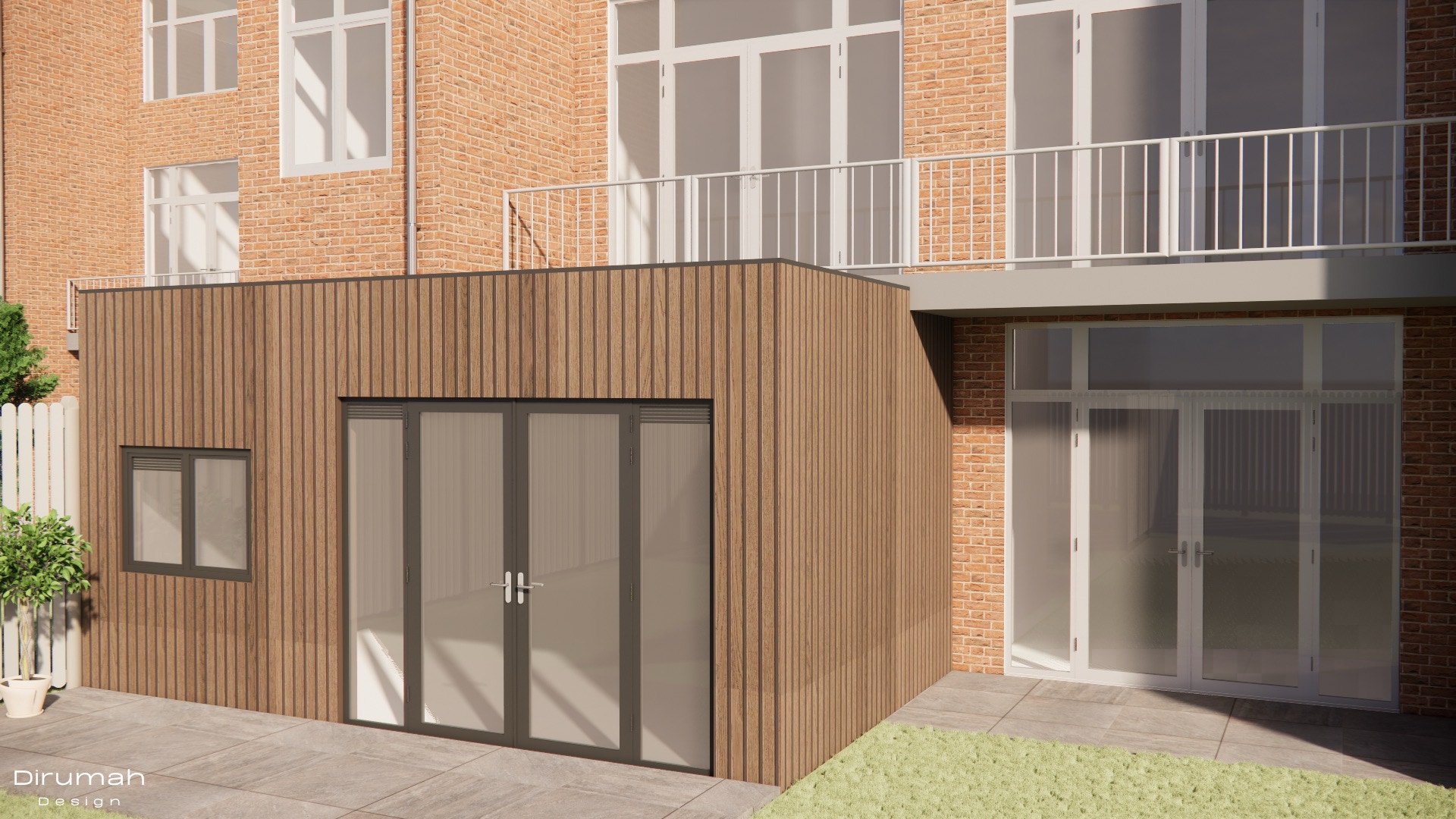 3D render van de aanbouw gezien vanuit de tuin van de buren.