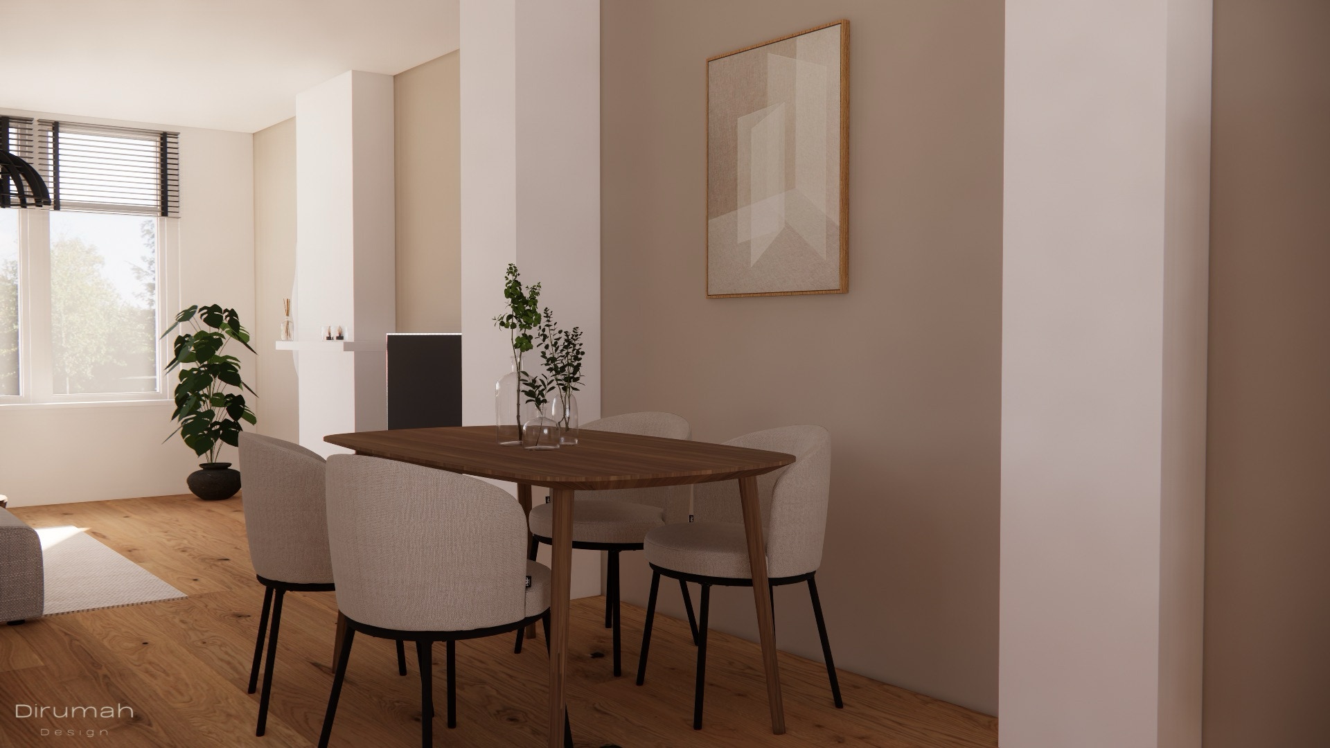 3D render van de eettafel met daarachter de tv wand en uitzicht naar buiten met binnen vallend licht van de middagzon.
