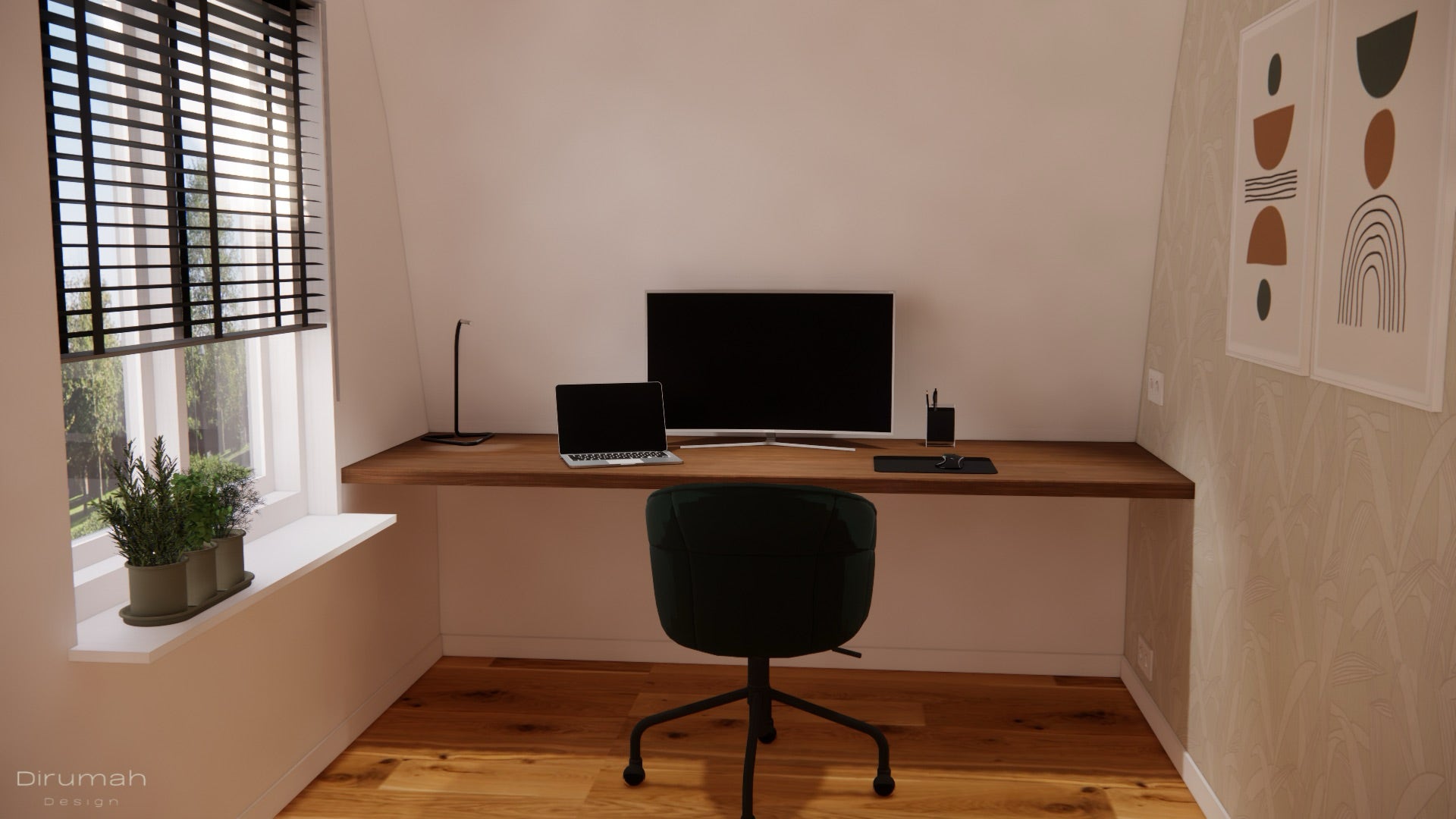 3D render van kantoor met zwevend bureau.